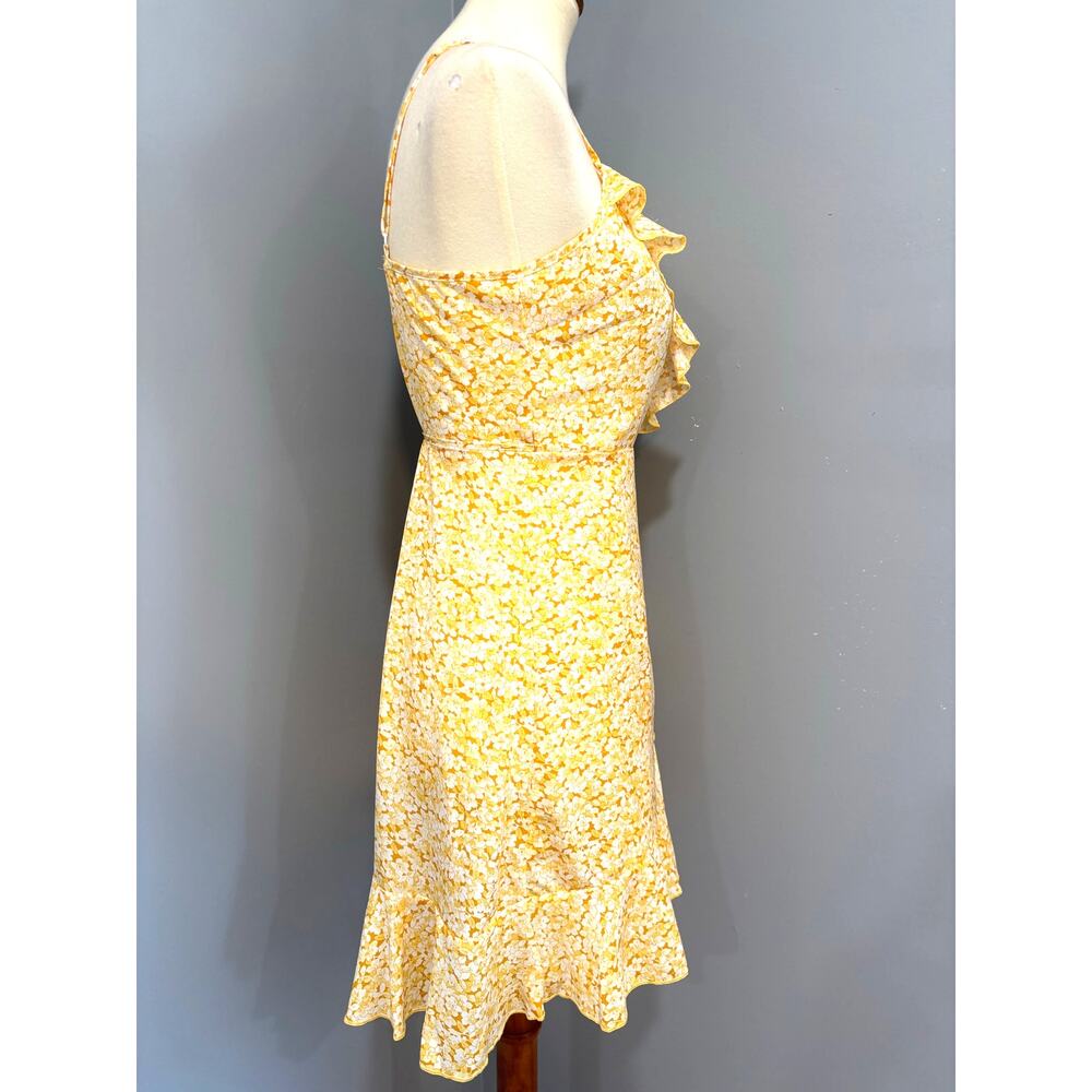 Yellow Floral Ruffle Faux Wrap Mini Dress Spring Summer Brunch Flowy, Size Small - Picture 5 of 9